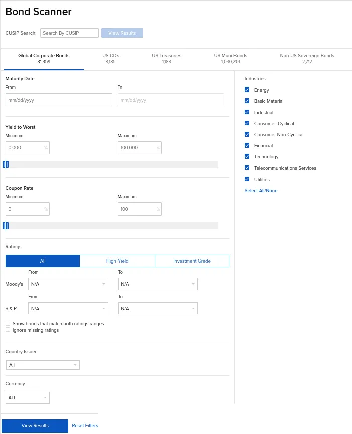 Exemple de recherche d'obligations sur IBKR