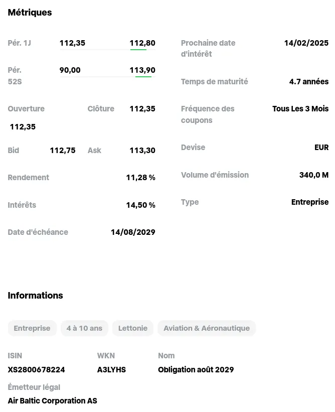 Caractéristiques d'une obligation Air Baltic chez Trade Republic